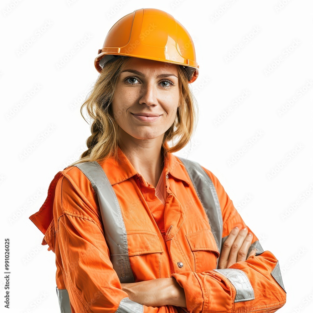 Confident female construction worker in safety gear with crossed arms Confident female construction worker in safety gear with crossed arms