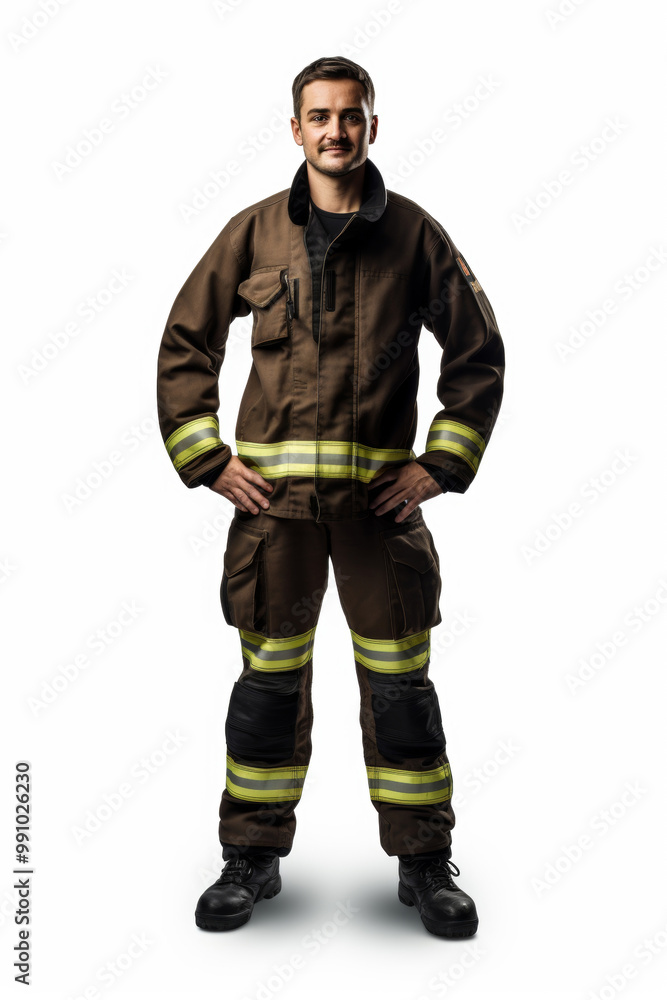 Full body shot of friendly male firefighter dressed in uniform with hands on hips Full body shot of friendly male firefighter dressed in uniform with hands on hips