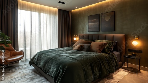 A modern bedroom featuring a dark green bedspread 