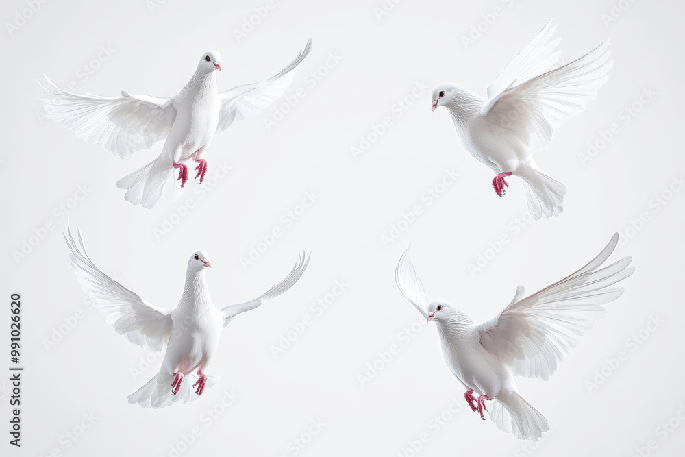 Fototapeta premium White doves gracefully flying against a soft white background