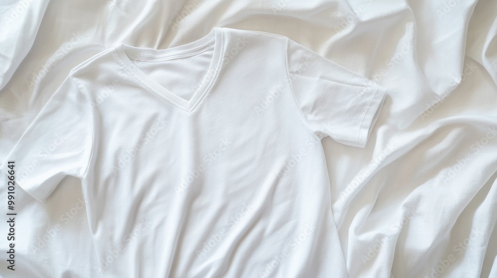 Obraz premium A white V-neck T-shirt isolated on a white background, highlighting a versatile and timeless piece of casual wear.