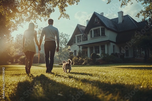 Couple Holding Hands and Walking Their Dog in a Sunny Backyard in Front of a Picturesque Home During Golden Hour