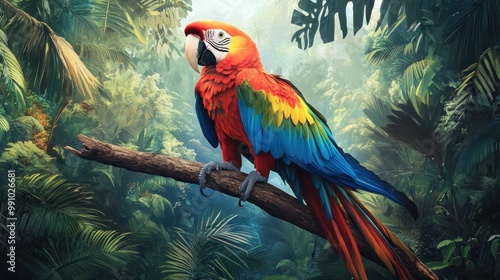 Wallpaper Mural A vibrant scarlet macaw with blue and yellow plumage perches on a branch in a lush tropical rainforest. Torontodigital.ca