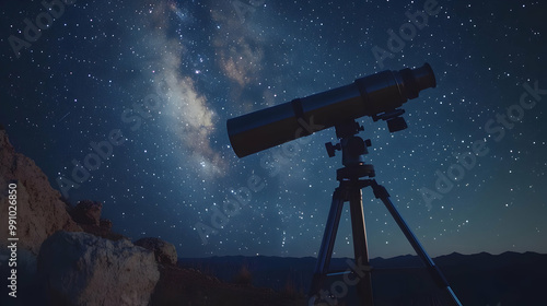 Telescope positioned under a starry night sky, showcasing the beauty of the Milky Way and celestial wonders. photo