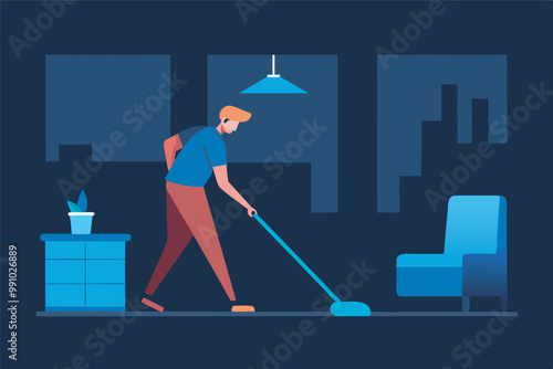 A man with blond hair cleans a modern living room at night. Blue chair, plant pot, vases add to the decor. Dark walls, city skyline view.