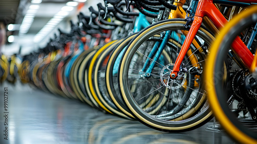 Colorful bicycle wheels lined up in a warehouse, showcasing a variety of designs and colors.