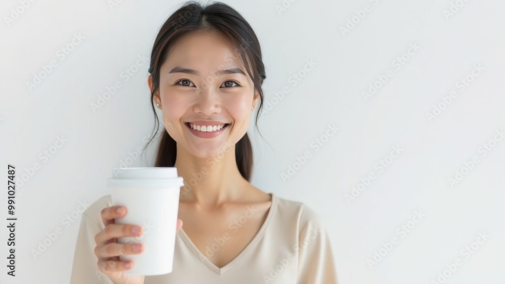 Asian woman standing with paper cup for takeaway coffee drinks or tea on white background. Place for text Asian woman standing with paper cup for takeaway coffee drinks or tea on white background. Place for text