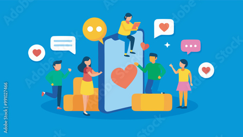 Illustrated image depicts vibrant social interaction through diverse characters with smartphones displaying heart icons. Cheerful scene exudes joy and communal connection via social media.