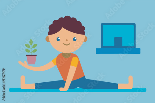 A boy does a split on a yoga mat with a laptop and plants around, creating a tranquil learning space. Background is light blue.