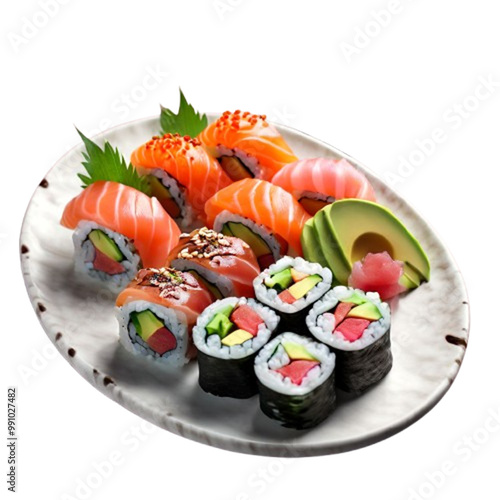  Sushi Rolls with Salmon, Tuna, and Avocado Maki on a Minimalist White Plate