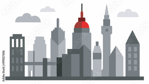 Minimalist digital cityscape depicting gray buildings with a red skyscraper as a focal point. Stylized with simple shapes, clouds, and modern color palette for a professional urban vibe.
