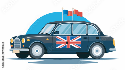 Illustration of vintage London taxi with Union Jack and French flags, hinting at service for English and French customers.