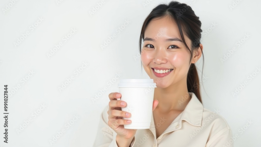 Asian woman standing with paper cup for takeaway coffee drinks or tea on white background. Place for text Asian woman standing with paper cup for takeaway coffee drinks or tea on white background. Place for text