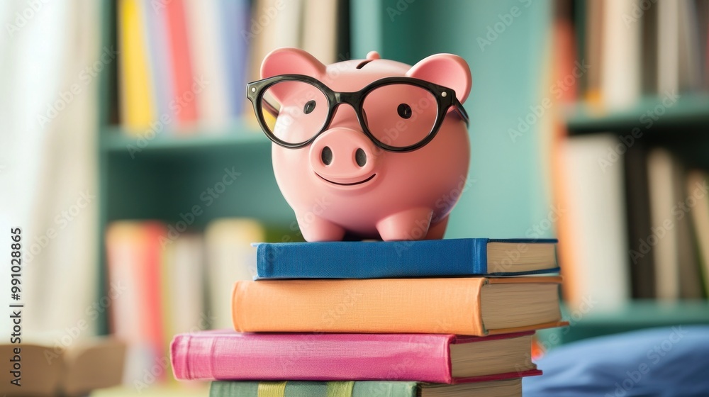 Piggy bank with glasses sitting on a stack of books in a library. Piggy bank with glasses sitting on a stack of books in a library.
