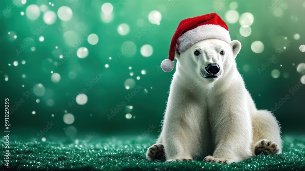 A polar bear wearing a Santa hat sits on a green, grassy background. A polar bear wearing a Santa hat sits on a green, grassy background.