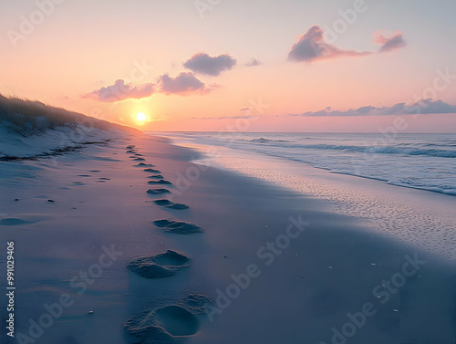 Footprints on a serene beach at sunrise, soft waves lapping at the shore under a pastel sky. photo