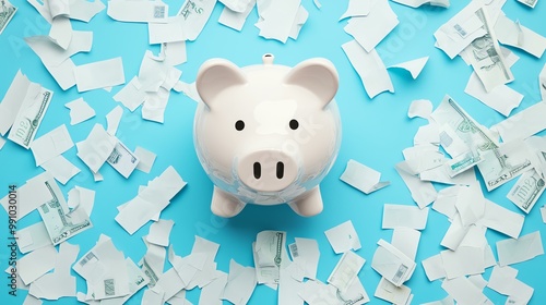 A piggy bank sits atop torn receipts scattered on a blue background, symbolizing saving and financial management. photo