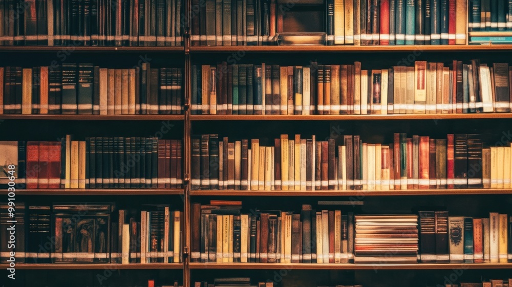 A cozy library shelf filled with a variety of books, showcasing organized rows of literature in different colors and sizes. A cozy library shelf filled with a variety of books, showcasing organized rows of literature in different colors and sizes.