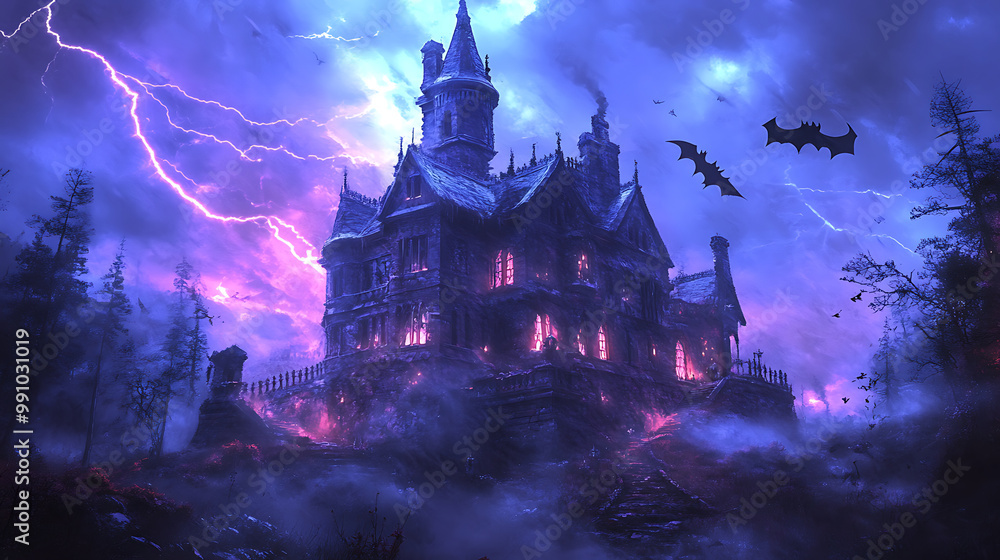 Obraz premium Spooky haunted mansion on a hill, with lightning striking in the background and bats flying around