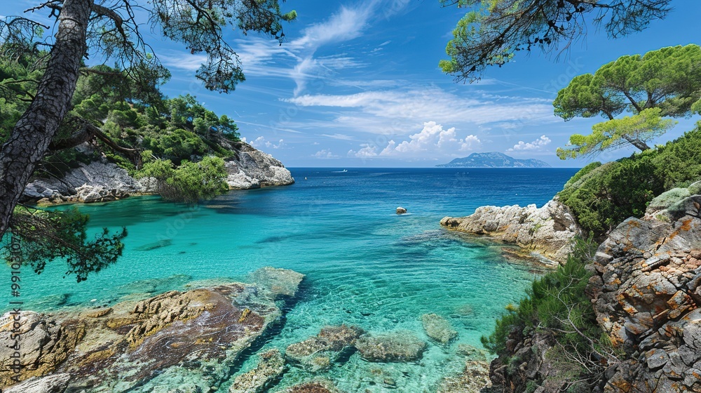 Fototapeta premium A captivating seaside ocean natural scenery. The ocean stretches as far as the eye can see, its waves rolling in with a soothing rhythm. The sky above is a beautiful blend of blues and whites. The san