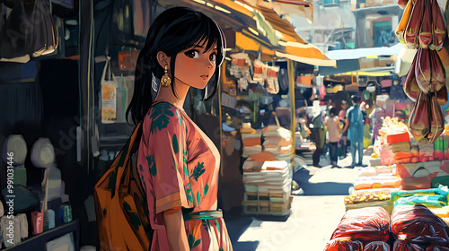 Indian anime girl in a beautiful anarkali dress, admiring the colours of a bustling festival photo