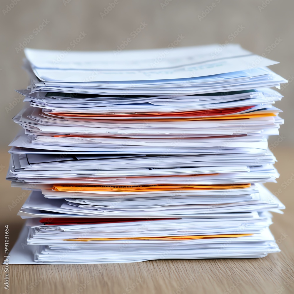 A tall stack of assorted papers, featuring various colors and layouts, suggesting organization or documentation. A tall stack of assorted papers, featuring various colors and layouts, suggesting organization or documentation.