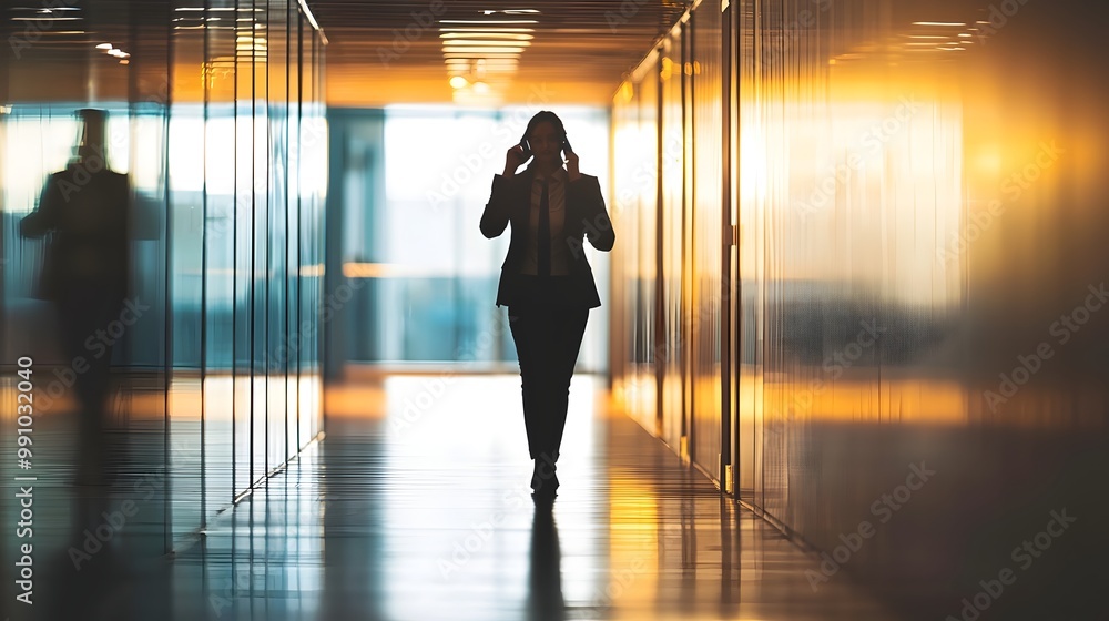 Silhouetted Business Professional Talking on Phone in Office Hallway Silhouetted Business Professional Talking on Phone in Office Hallway