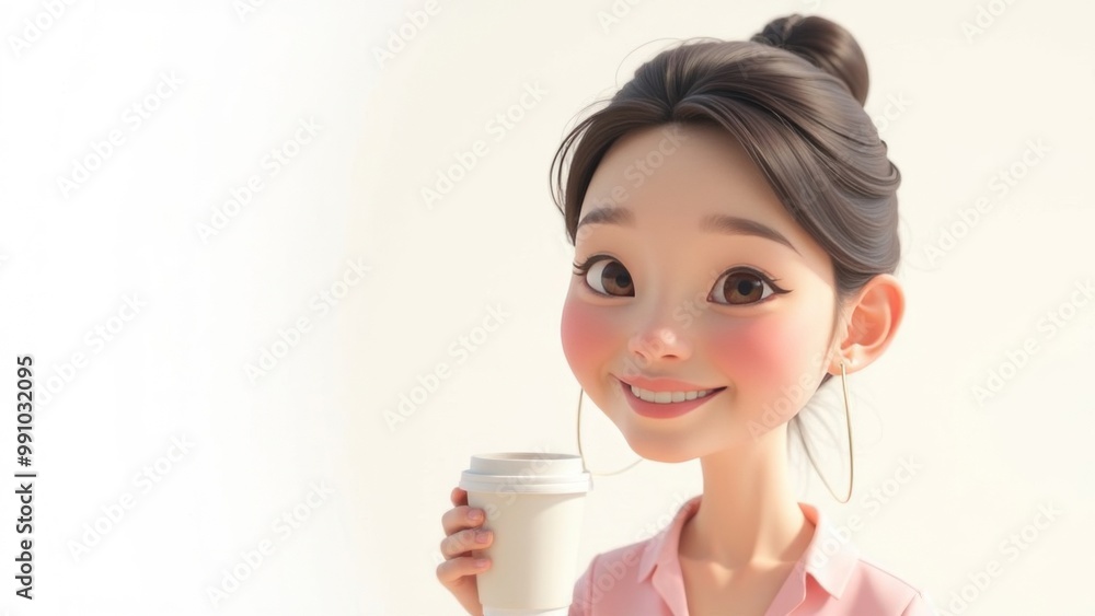 Asian woman standing with paper cup for takeaway coffee drinks or tea on white background. Place for text Asian woman standing with paper cup for takeaway coffee drinks or tea on white background. Place for text