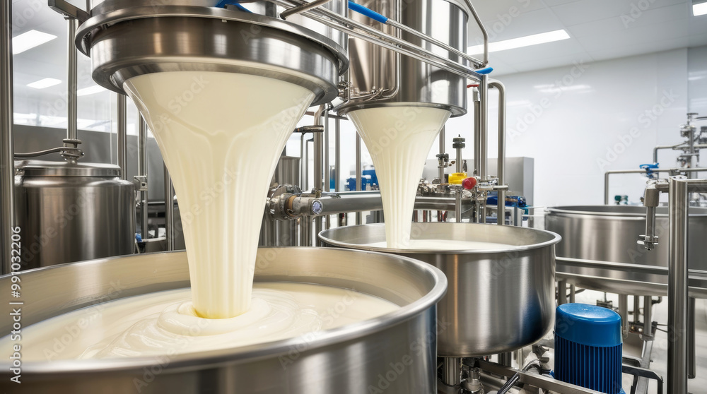 Yogurt pouring into a large metal tank at a factory, close-up of industrial production process Yogurt pouring into a large metal tank at a factory, close-up of industrial production process