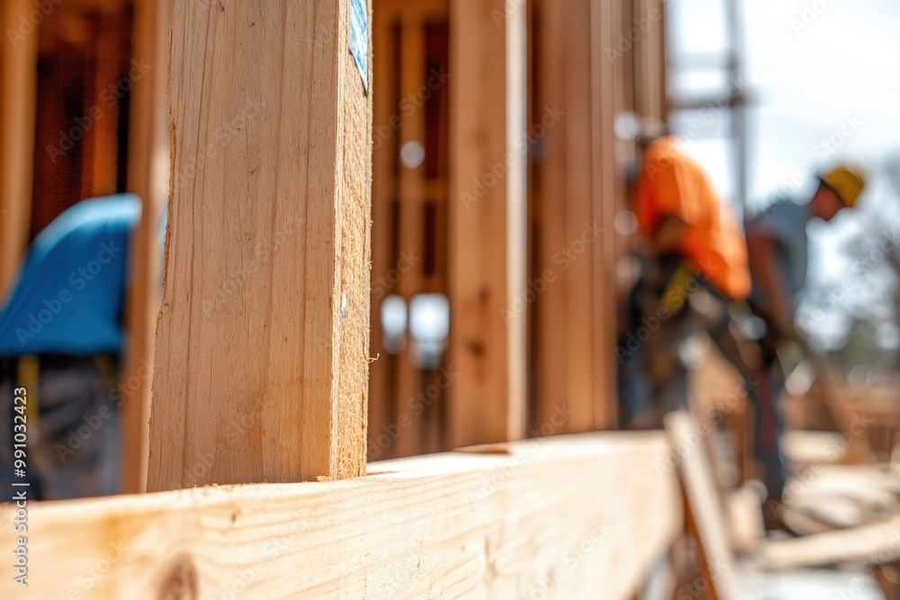 Construction site with workers framing a building, focusing on wooden beams. Construction site with workers framing a building, focusing on wooden beams.