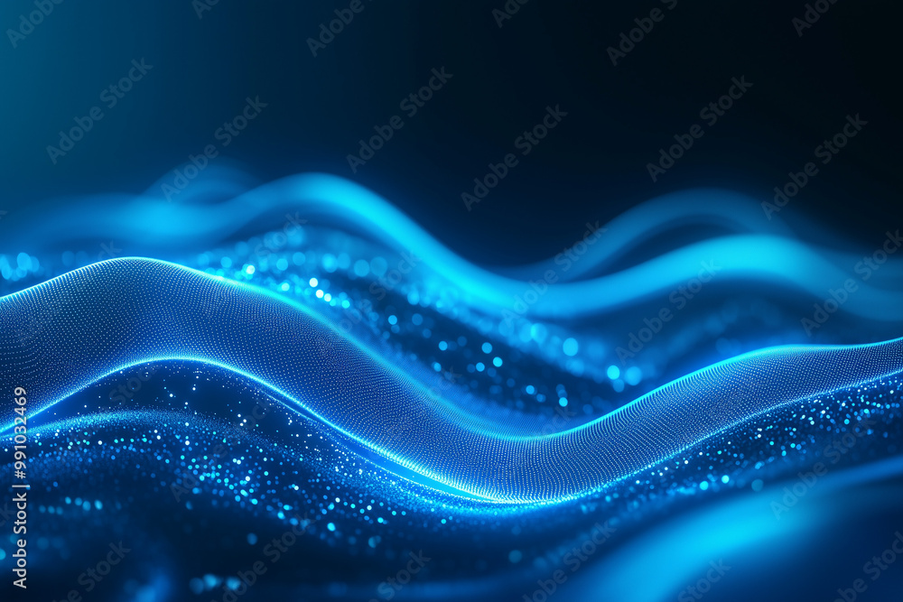 Flowing blue waves with glowing particles, futuristic design, dark background Flowing blue waves with glowing particles, futuristic design, dark background