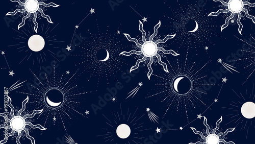 Seamless celestial pattern featuring moons, stars, and glowing suns against a deep blue background. Ideal for cosmic-inspired designs, wallpaper, fabric, and decor.