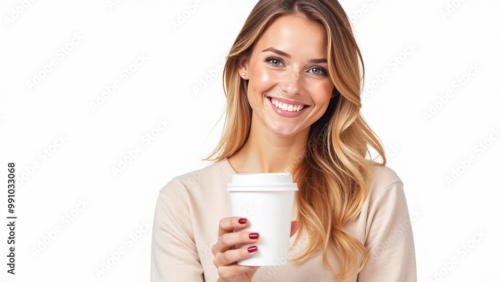 A young blonde girl stands with a paper cup for takeaway coffee drinks or tea on a white background. Place for text A young blonde girl stands with a paper cup for takeaway coffee drinks or tea on a white background. Place for text