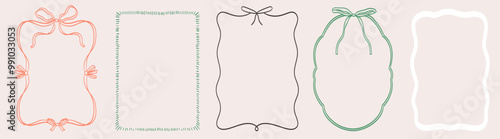 Vintage bows frame for greeting cards, wedding and birthday party, picnic invitations in cute elegant coquette style. Hand drawn ribbons border illustration for social media decoration template.
