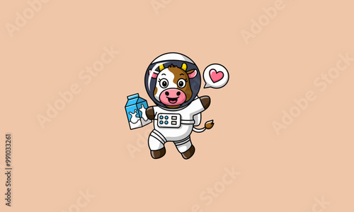 Astronaut cow holding a carton of milk in space.