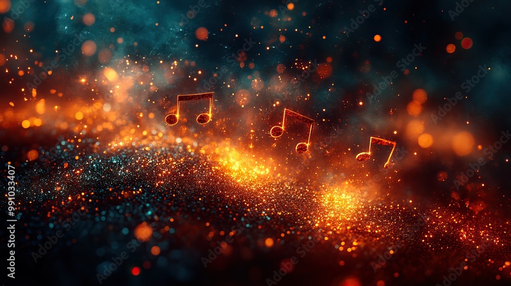 Musical notes seemingly float into oblivion on a mysterious dark background. Musical notes seemingly float into oblivion on a mysterious dark background.
