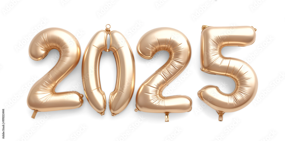 Obraz premium Golden Balloons for New Year's Eve 2025 isolated on Transparent Background. Elegant Decoration for Holiday Designs and Celebrations.