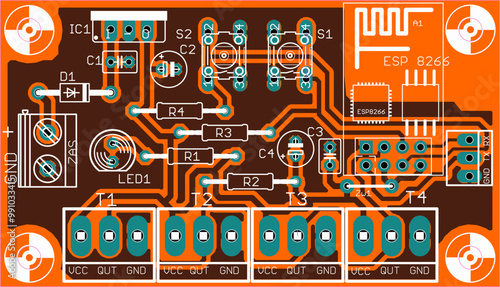 Vector printed circuit board of electronic 
device with components of radio elements, 
conductors and contact pads on pcb. 
Engineering drawing. Computer technic design.
Technology schematic diagram.