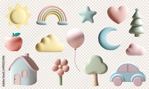 Set of 3d nursery elements. Rainbow, clouds, moon, star, house, car, tree, sun. 3d kids toys. Pastel color.