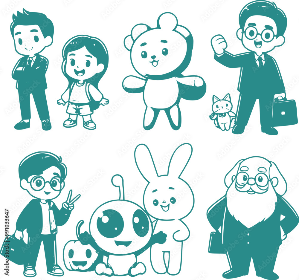 Outline Cute Cartoon Farmer Duo in Matching Outfits Pro-Quality Vector for Mascot and Branding Elements Outline Cute Cartoon Farmer Duo in Matching Outfits Pro-Quality Vector for Mascot and Branding Elements