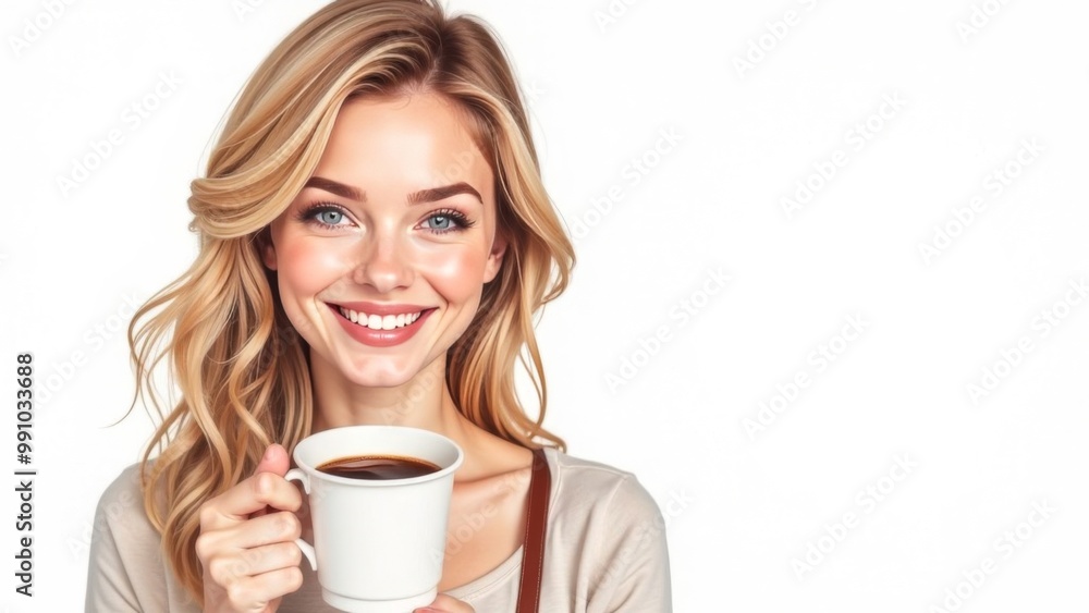A young blonde girl stands with a paper cup for takeaway coffee drinks or tea on a white background. Place for text A young blonde girl stands with a paper cup for takeaway coffee drinks or tea on a white background. Place for text