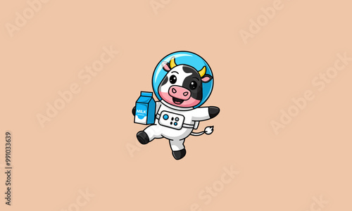 Astronaut cow holding a carton of milk in space.