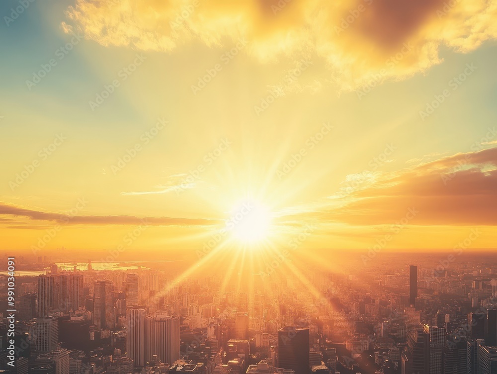 Fototapeta premium A stunning sunset over a city skyline, with radiant sun rays piercing through clouds, creating a warm and vibrant atmosphere.