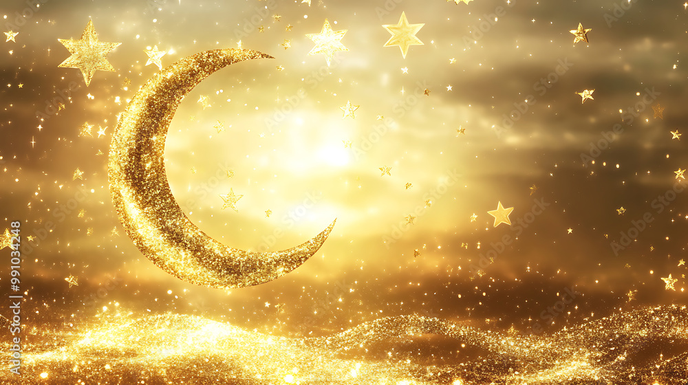 Eid background with crescent moons and stars in gold against a deep blue sky Eid background with crescent moons and stars in gold against a deep blue sky