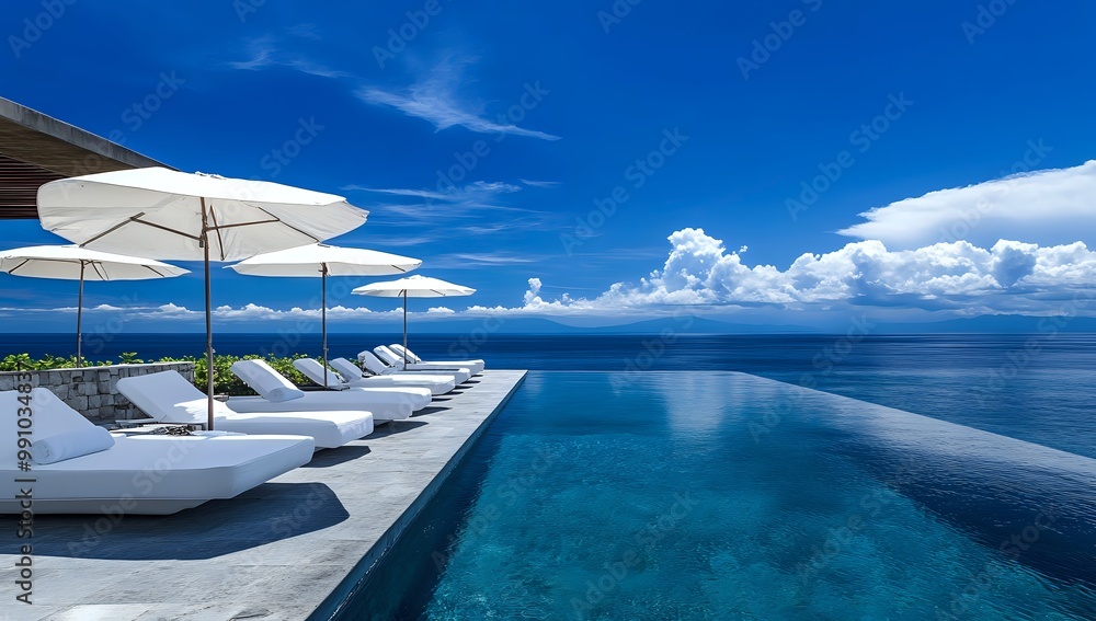 Fototapeta premium Luxury infinity pool overlooking the ocean with loungers and parasols.