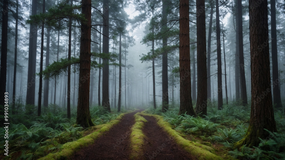 foggy morning in a dense pine forest. The tall trees in mist, with soft light filtering through,forest floor covered with a thick layer of pine needles, with a narrow path foggy morning in a dense pine forest. The tall trees in mist, with soft light filtering through,forest floor covered with a thick layer of pine needles, with a narrow path