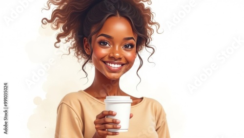 African woman stands with a paper cup for takeaway coffee drinks or tea on a white background. Place for text