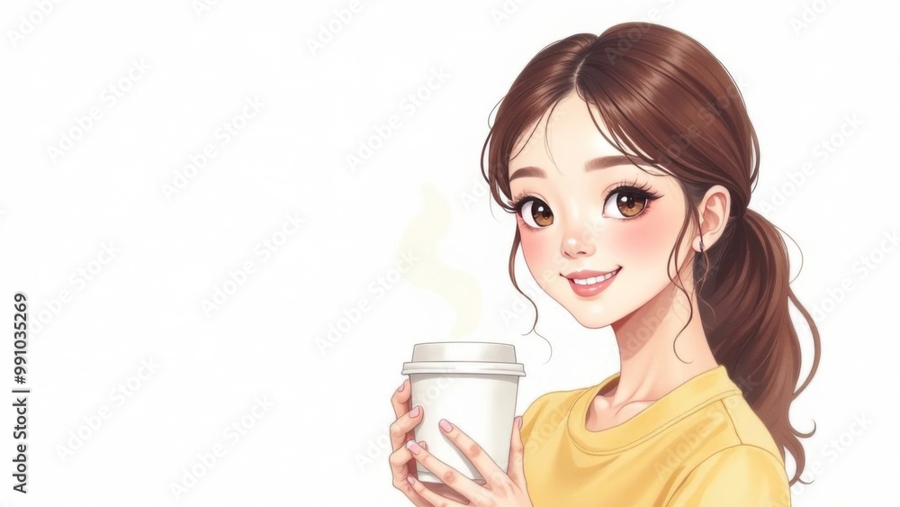 Asian woman standing with paper cup for takeaway coffee drinks or tea on white background. Place for text Asian woman standing with paper cup for takeaway coffee drinks or tea on white background. Place for text