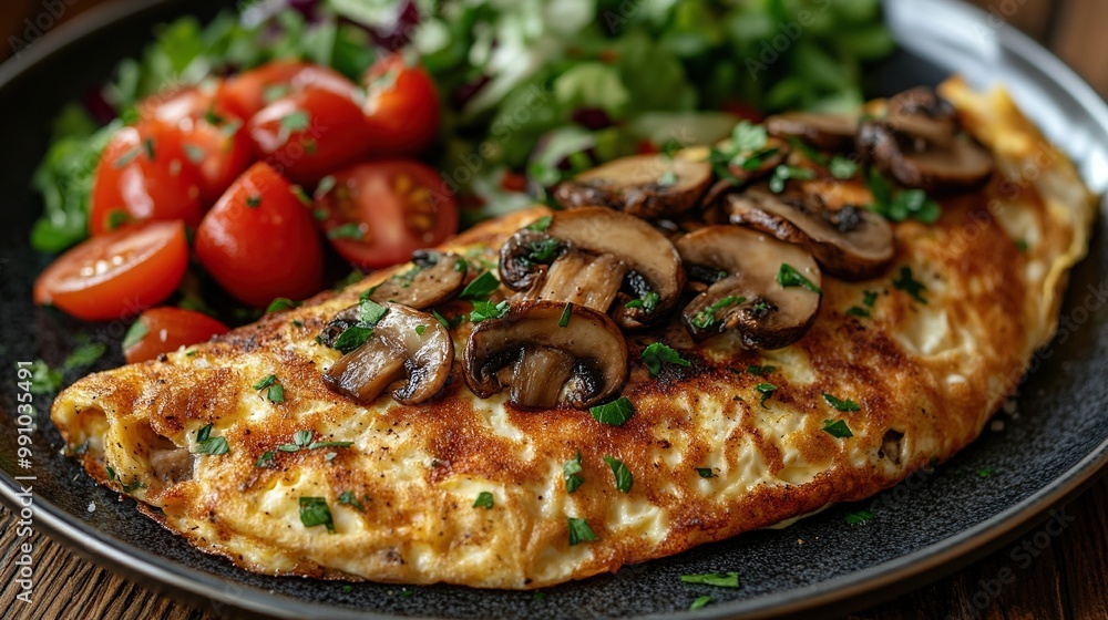 Overhead view of a tasty mushroom omelette with a side salad on a plate. Overhead view of a tasty mushroom omelette with a side salad on a plate.