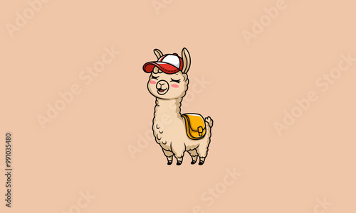 Happy llama wearing a red cap and carrying a backpack.